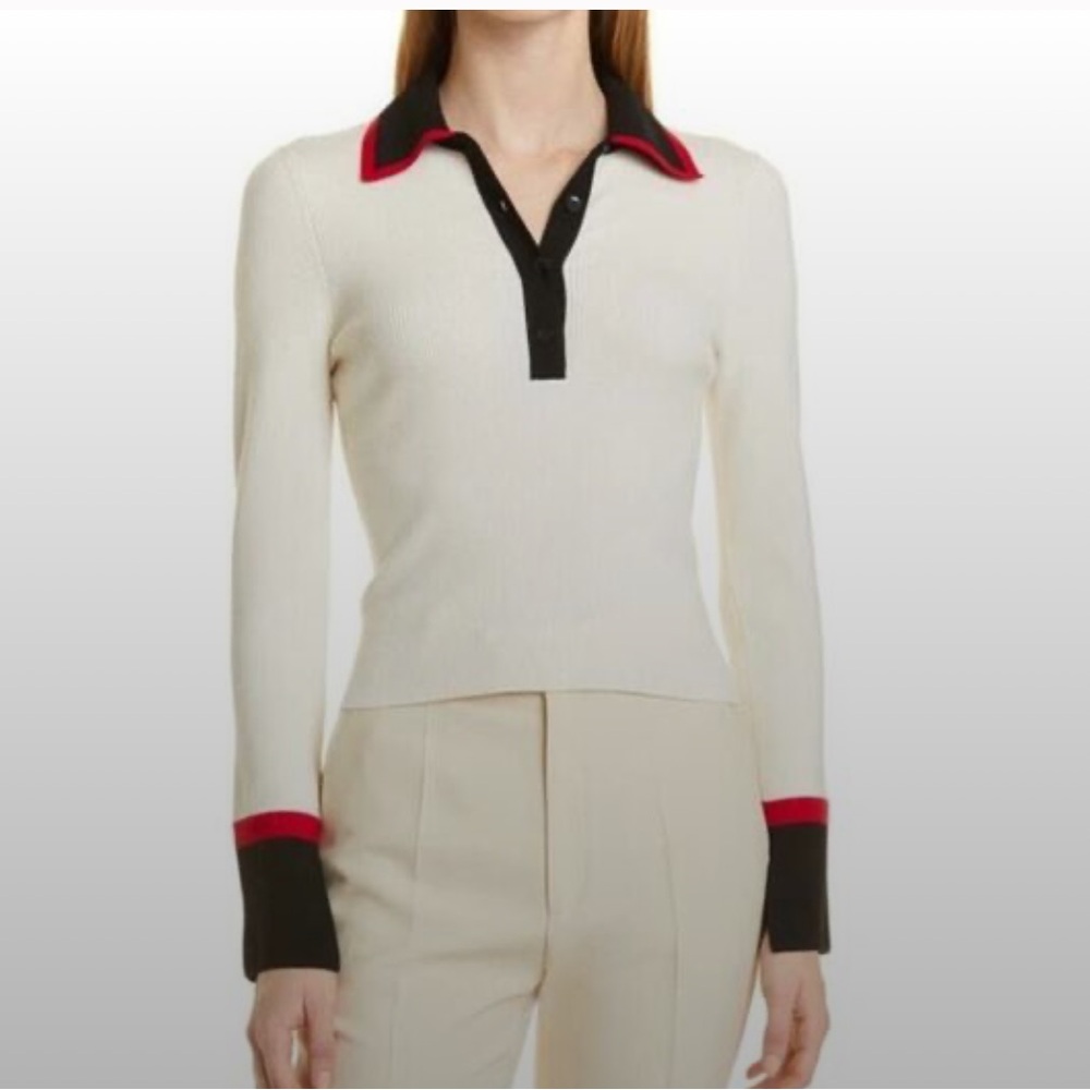Alice + Olivia White V-Neck Sweater with Black and Red Accents, M